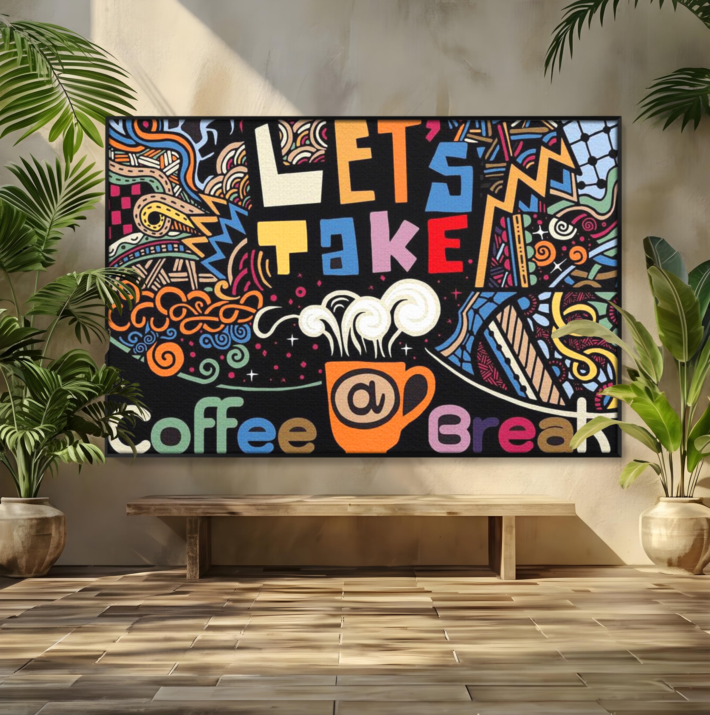 Tablou canvas cu tablou canvas cu ilustratie cafea si doodle, in rama de aluminiu negru